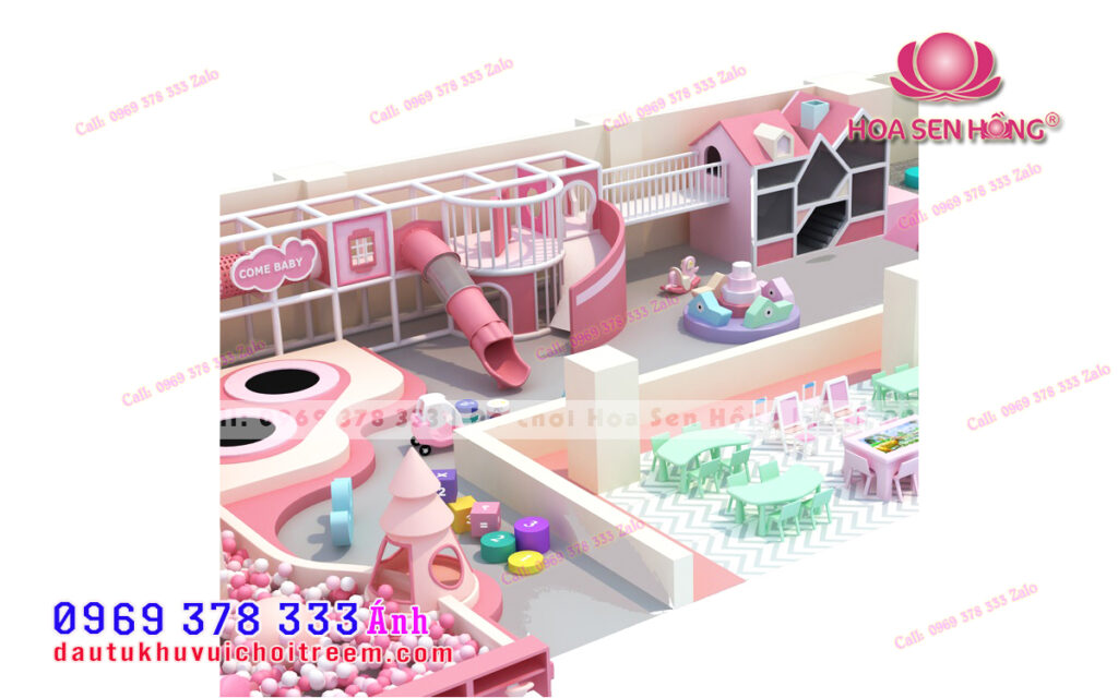Thiết kế 3D khu vui chơi trẻ em tone hồng pastel diện tích 100m