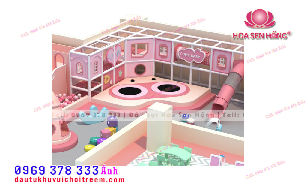 Thiết kế 3D khu vui chơi trẻ em tone hồng pastel diện tích 100m